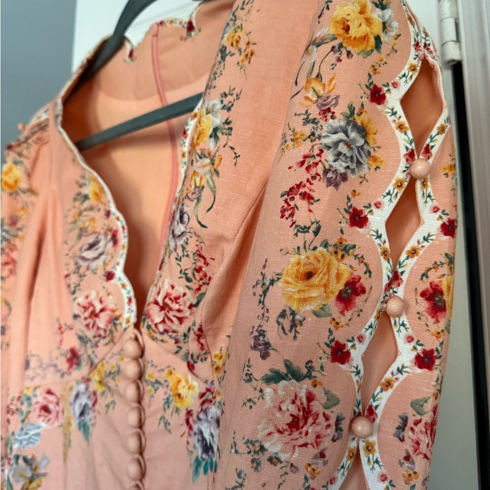 Zimmermann Zinnia Scallop Mini Dress Pink Floral Long Sleeve Linen - Size XS - Picture 6 of 15